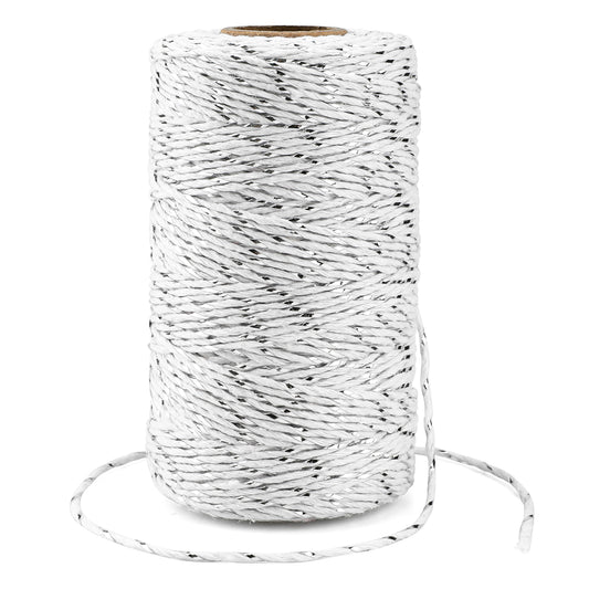 G2PLUS Silver White String - 2MM 328ft Bakers Twine for Gift Wrapping, White Cotton and Silver String DIY Crafts, Wedding, Christmas Party Decor