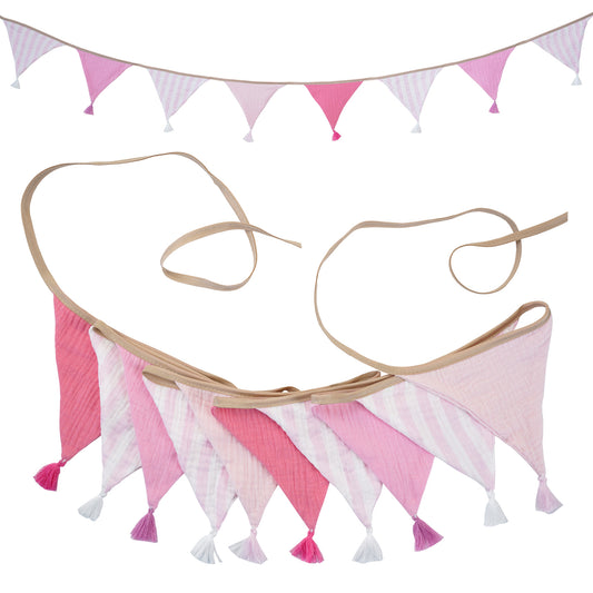 G2PLUS Pre-Strung Fabric Triangle Banner Garland, 8.5ft Double-Sided Cotton Bunting Flags, Reusable Pennant Banner with Tassels for Birthday, Party, Baby Shower, Nursery Decor-Pink Color