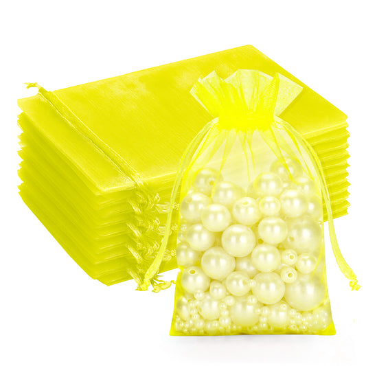 G2PLUS 100PCS Drawstring Organza Bags - Yellow Organza Bags 4x6 In, Sheer Mesh Jewelry Pouches, Candy Gift Wrap Pouch for Christmas, Baby Shower, Birthday, Wedding Party Favors