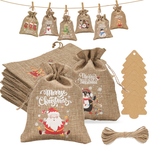 G2PLUS 24 PCS Advent Calandar Bags, 10x15cm Medium Christmas Burlap Bags, Hessian Christmas Sacks, Christmas Burlap Drawstring Bags for Advent Calandar, Christmas Party Decoration