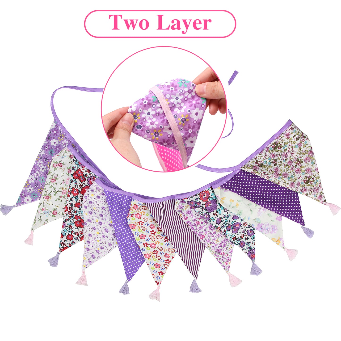 G2PLUS 10.8Ft Cotton Triangle Bunting Banner – 12pcs Purple Floral Fabric Pennant Flag with Tassels, Double Side Triangle Banner Garland for Weddings, Birthdays, Garden & Baby Showers