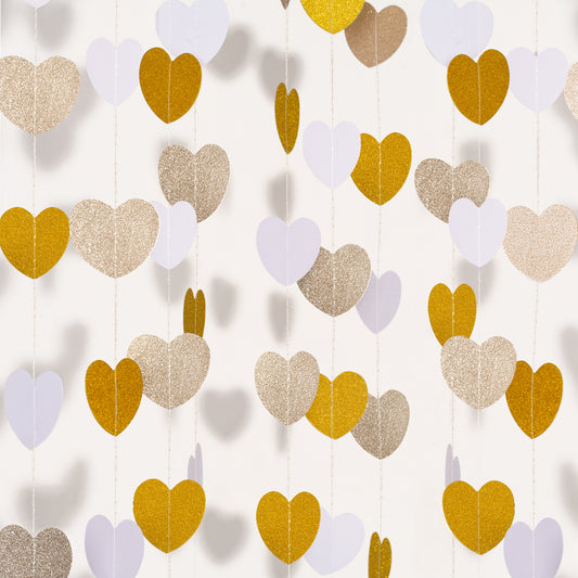G2PLUS Champagne Gold White Glitter Heart Garland, 16m Reflective Paper Hanging Garlands, Paper Garland Hanging Streamer for Anniversary, Wedding, Birthday Party, Baby Shower