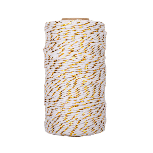 G2PLUS Christmas String for Gift Wrapping, White Cotton Twine with Gold String, 2MM Glitter Gift Wrapping String, 100M Christmas Decorative Bakers Twine for Christmas DIY Gift Decorations