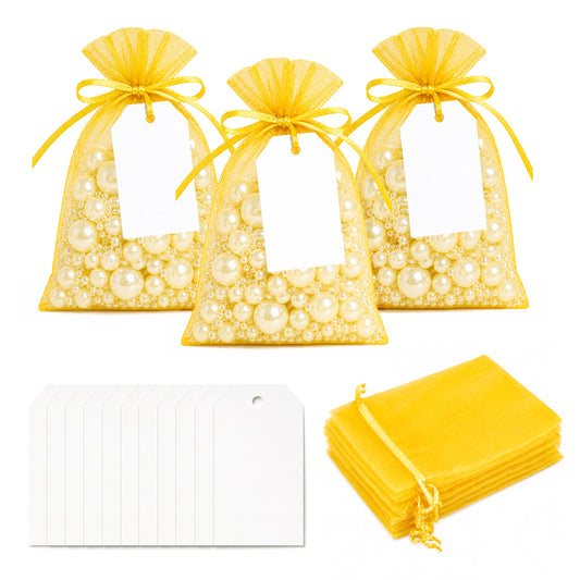 G2PLUS 25 Pack Organza Gift Bags with Tags: 10 x 15 cm Gold Drawstring Favour Pouches with 4 x 7 cm White Tags for Wedding Party Favours Jewellery Candy