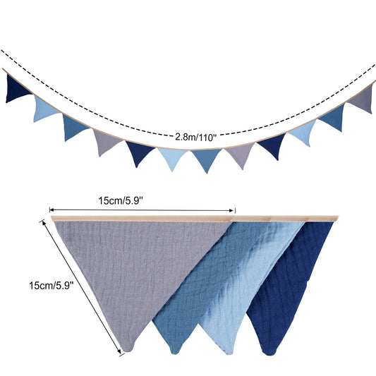 G2PLUS Nursery Fabric Bunting, Baby Bunting for Nursery, 12PCS Double Side Cloth Triangle Banner, Blue and Grey Cotton Bunting Banner for Nursery/Bedroom/Baby Shower Decor, 2.8m