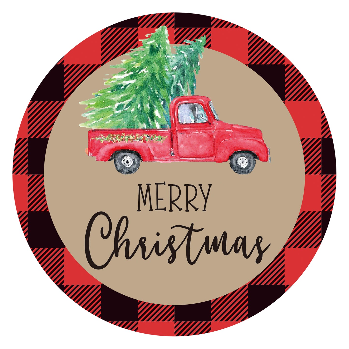 G2PLUS Merry Christmas Stickers, 120PCS Christmas Truck Stickers, 2'' Round Christmas Gift Stickers, Red Black Buffalo Plaid Christmas Stickers, Xmas Tree Gift Stickers for Cards and Envelope Seals