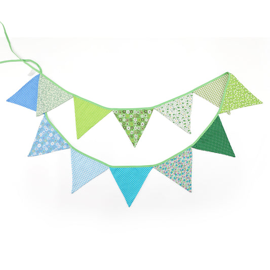 G2PLUS Double Sided Fabric Bunting Banner, Two Layer Triangle Floral Bunting, 3.3M with 12PCS Green Floral Pennants, Cotton Shabby Chic Garland for Bedroom Brithday Tea Party Decorations