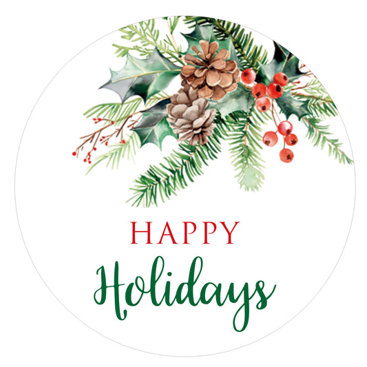 G2PLUS Happy Holiday Stickers, 120PCS Christmas Holiday Stickers, 2'' Round Holiday Gift Stickers, Holiday Season Gift Tag Stickers, Xmas Holly Berry Labels Winter Holiday Seasonal Envelope Seals