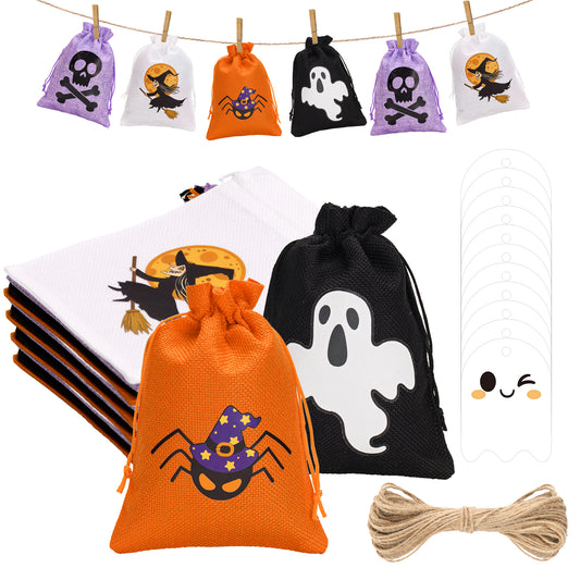 G2PLUS 24Pcs Halloween Burlap Gift Bags - 5x7 In Halloween Drawstring Goodies Treat Bags, 4 Designs Spooky Gift Candy Bag with Ghost Tags for Trick or Treat Party Favors