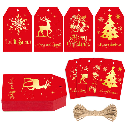 G2PLUS 60Pcs Christmas Gift Tags with String - Red and Gold Merry Christmas Paper Tags, 4 Designs Xmas Tag for Holiday Wrapping, DIY Crafts, Gift Exchange, Party Favors
