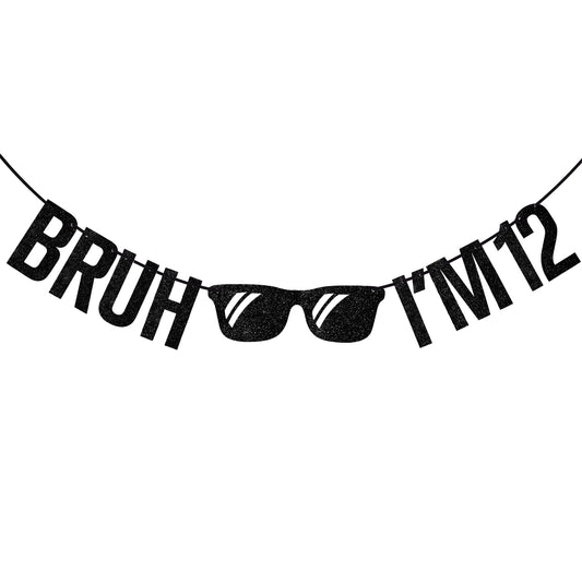 G2PLUS Pre-Strung 12th Birthday Banner, Glitter 12th Birthday Decorations Black Happy 12th Birthday Banner, 3m Bruh I'm 12 Banner, 12th Birthday Party Decorations for Boys