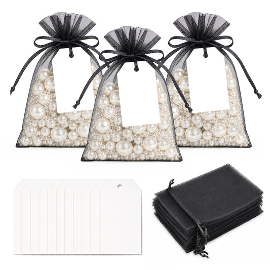 G2PLUS 25 Pack Organza Gift Bags with Tags: 10 x 15 cm Black Drawstring Favour Pouches with 4 x 7 cm White Tags for Wedding Party Favours Jewellery Candy