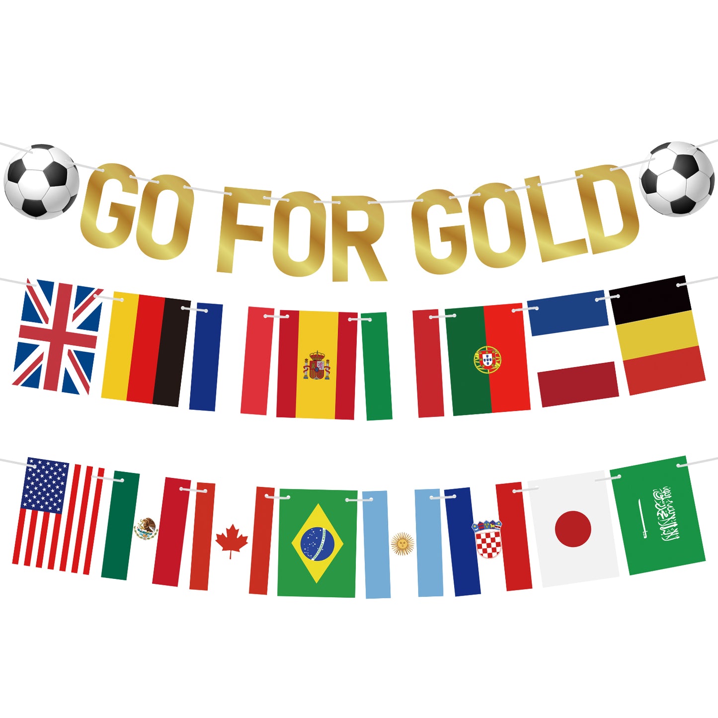 G2PLUS Party Decorations for World Cup Football 2026: Pre-strung Flag Bunting Banner, Go For Gold Banner, Home, Bar and Garden Viewing Parties