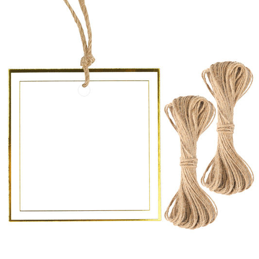 G2PLUS White Gift Tags, 100PCS Square Paper Tags, 2.5x2.5 in Gold Edge Blank Hang Label Tag, Gift Tag with String Attached for Present Wrapping, Wedding, Birthday, Christmas Party Favors