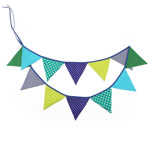 G2PLUS Double Sided Fabric Bunting Banner, Two Layer Triangle Floral Bunting, 3.3M with 12PCS Green and Blue Floral Pennants, Cotton Shabby Chic Garland for Bedroom Brithday Tea Party Decorations