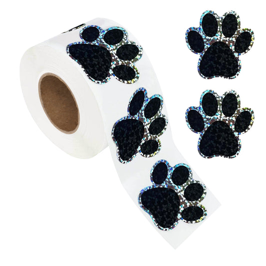 G2PLUS 500Pcs Self Adhesive Shiny Reward Stickers - 2.5CM Waterproof Holographic Dog Paw Stickers - Sparkly Black Dog Paw Stickers- Children Reward Stickers for Crafts and Activities