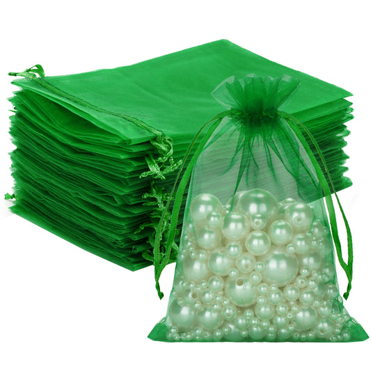 G2PLUS 25PCS Green Organza Bags - 5x7In Sheer Mesh Jewelry Pouches, Organza Gift Bags with Drawstring for Candy, Jewelry, Wedding Party Favors