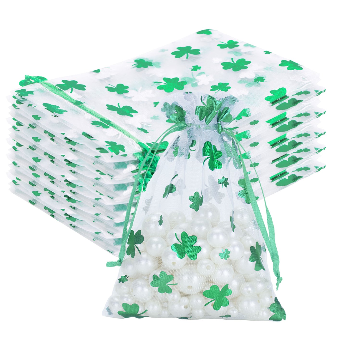 G2PLUS 50PCS St.Patrick's Day Gift Bags Organza 4x6in, Green Foil Shamrock Sheer Mesh Organza Pouches with Drawstring for St.Patrick's Day Party Favors, Candy Gift Bags & Wedding Favors