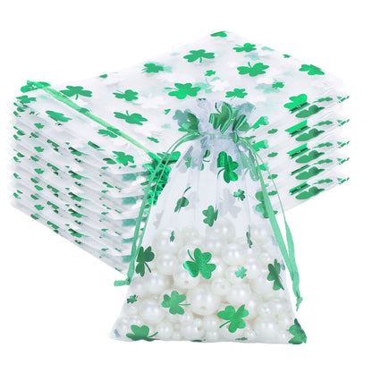 G2PLUS 50PCS St.Patrick's Day Gift Bags Organza 4x6in, Green Foil Shamrock Sheer Mesh Organza Pouches with Drawstring for St.Patrick's Day Party Favors, Candy Gift Bags & Wedding Favors