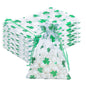 G2PLUS 50PCS St.Patrick's Day Gift Bags Organza 4x6in, Green Foil Shamrock Sheer Mesh Organza Pouches with Drawstring for St.Patrick's Day Party Favors, Candy Gift Bags & Wedding Favors
