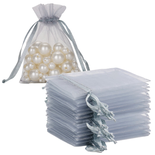 G2PLUS Silver Grey Organza Gift Pouches - 7x9 CM Small Organza Favor Bags, 100 PCS Wedding Jewelry Bags - Clear Mesh Pouches Perfect for Wedding, Christmas, Birthday, Anniversary