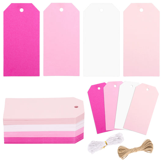G2PLUS Pink Gift Tags 2x4in, 120Pcs Blank Paper Hang Tags with String for Valentine's Day, Wedding Favors, Baby Shower, Birthday Party, Gift Wrapping, DIY Crafts