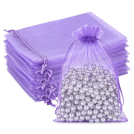 G2PLUS 25PCS Light Purple Organza Bags 5x7 inches - Drawstring Organza Bags, Candy Gift Wrap Pouches for Halloween, Baby Shower, Wedding Party Favors