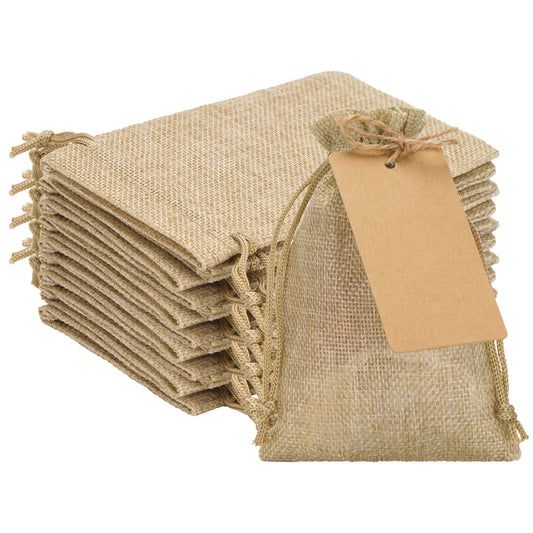 G2PLUS 24 Pcs Burlap Gift Bags with Drawstring 4x6 Inch, Rustic Gift Favor Bags with Kraft Tags & Jute String for Wedding Favors, DIY Crafts, Birthday & Coffee Packaging