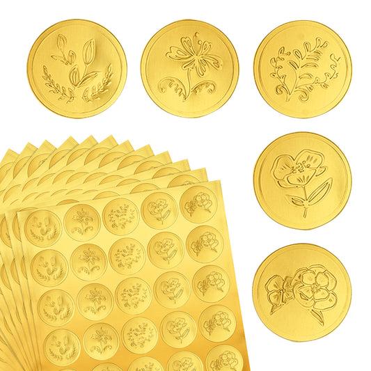 G2PLUS 300PCS Embossed Gold Foil Stickers, Gold Embossed Wax Seal Sticker Looking, 5 Styles Gold Embossed Plants Floral Envelope Seals Stickers for Wedding, Birthday, Baby Shower Party Favors