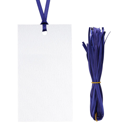 G2PLUS 50Pcs Name Place Cards - Wedding Place Cards with Navy Blue Ribbon, Blank Paper Gift Tags 3.5x2 Inches for Wedding Favors, Bridal Shower & Party Table Setting