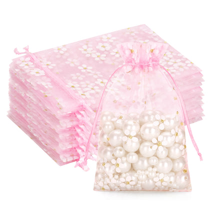 G2PLUS 30Pcs Pink Organza Bags - 4x6 In Sheer Mesh Jewelry Pouches, Daisy Drawstring Organza Bags for Wedding, Baby Shower, Party Favors, Christmas
