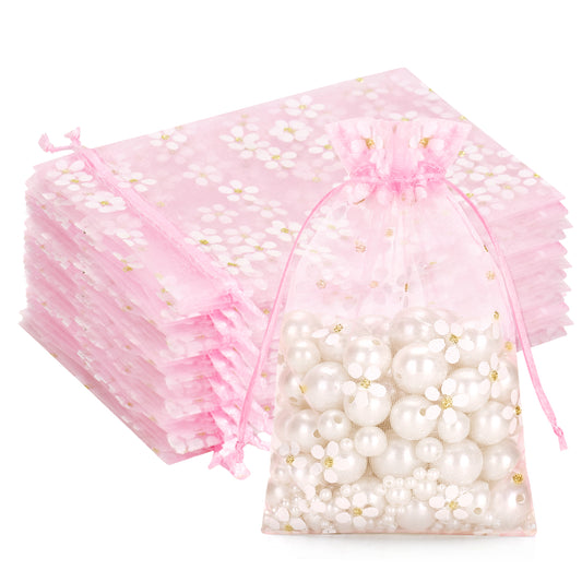 G2PLUS 30Pcs Pink Organza Bags - 4x6 In Sheer Mesh Jewelry Pouches, Daisy Drawstring Organza Bags for Wedding, Baby Shower, Party Favors, Christmas