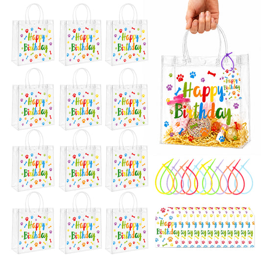 G2PLUS 12 Pack PVC Happy Birthday Gift Bags with Twist Ties and Tags Set Colorful Dots Printed, for Birthday Gift Party Favors