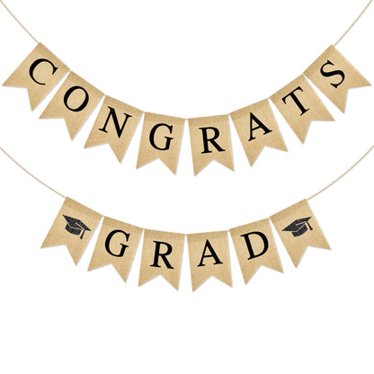 G2PLUS Congrats Grad Banner,Pre-strung Graduation Party Decorations Banner for School, Rustic Graduation Burlap Garland for College, Photo Backdrop, Indoor Outdoor Celebration