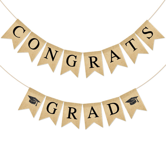 G2PLUS Congrats Grad Banner,Pre-strung Graduation Party Decorations Banner for School, Rustic Graduation Burlap Garland for College, Photo Backdrop, Indoor Outdoor Celebration