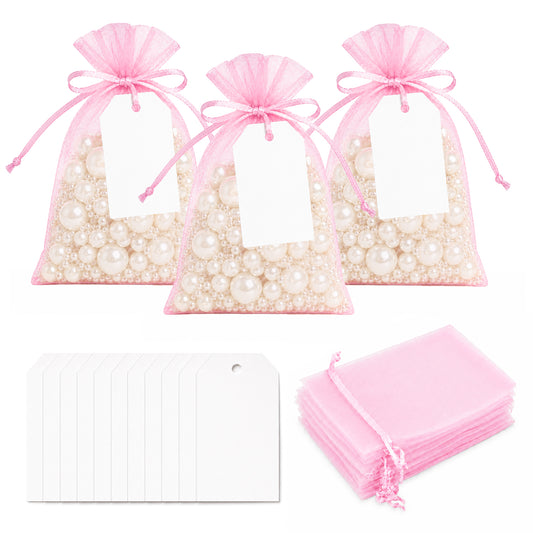 G2PLUS 25 Pack Organza Gift Bags with Tags: 10 x 15 cm Pink Drawstring Favour Pouches with 4 x 7 cm White Tags for Wedding Party Favours Jewellery Candy