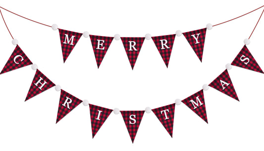 G2PLUS Merry Christmas Burlap Banner, 19.6Ft Red and Black Buffalo Plaid Banner, Pre-strung Triangle Pennant Flag Garland Bunting for Holiday Party, Fireplace Wall, Xmas Home Decorations