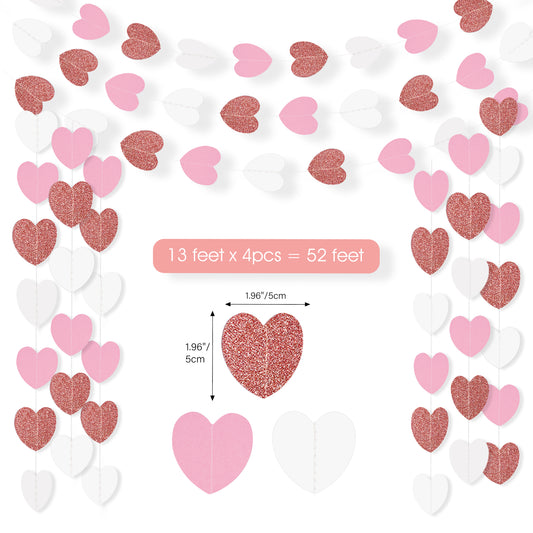 G2PLUS Rose Gold Pink Glitter Heart Garland, 16m Reflective Hearts Hanging Garlands, Paper Heart Garland Hanging Streamer for Anniversary, Wedding, Birthday Party, Baby Shower