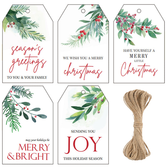 G2PLUS Holly Christmas Tags for Presents, 50PCS Christmas Wrapping Tags, Christmas Labels Tags with String, Xmas Present Labels with Holly for Christmas Presents Wrapping Decoration