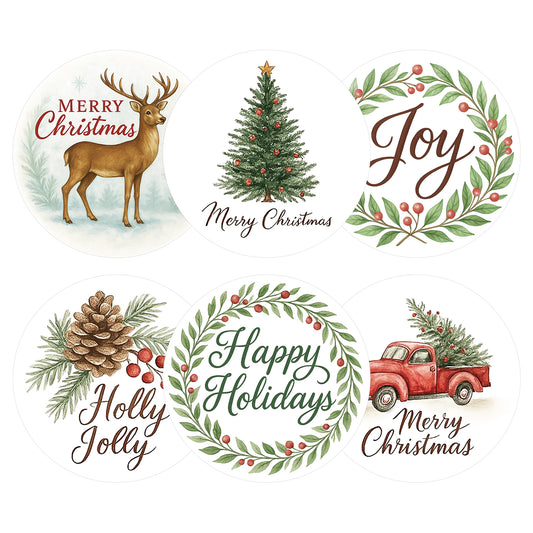 G2PLUS 120Pcs Christmas Stickers, 2'' Round Merry Christmas Stickers 6 Designs Xmas Happy Holiday Labels for Gift Wrapping, Party Favors, Treat Bags, Cards, Small Business Packaging