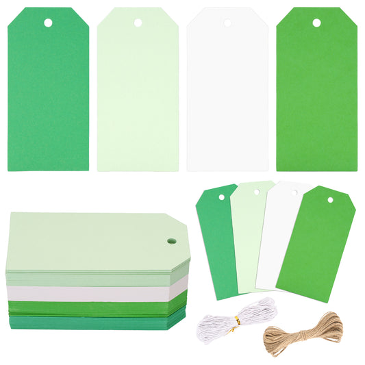 G2PLUS Kraft Paper Gift Tags with String, 4 Colors Gradient Green Gift Tags, 120PCS Blank Hanging Labels for Holiday Present Wrapping, Wedding, Birthday, DIY Art Craft Supplies (2X4 in, Green, White)