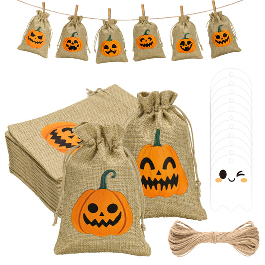G2PLUS 24Pcs Halloween Burlap Gift Bags - 4X6 In Drawstring Goodies Treat Bags, 8 Styles Pumpkin Gift Candy Bag with Ghost Tags for Trick or Treat Party Favors