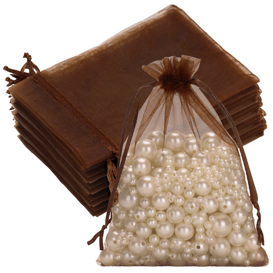 G2PLUS 25PCS Brown Organza Bags 5x7 inches - Sheer Mesh Jewelry Pouches, Organza Gift Bags with Drawstring for Candy, Jewelry, Wedding Party Favors