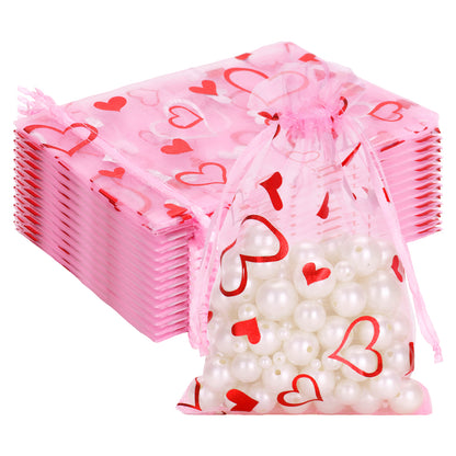 G2PLUS 50PCS Valentines Gift Bags Organza 4x6in, Pink Foil Heart Sheer Mesh Organza Pouches with Drawstring for Valentines Day Party Favors, Candy Gift Bags & Wedding Favors