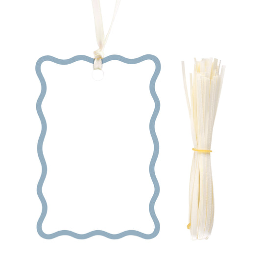 G2PLUS 50Pcs Name Place Cards - Baby Blue Scalloped Wedding Place Cards with Ribbon, Blank Gift Tags with Ivory Ribbon for Wedding Favors, Party Favors & Dinner Table Setting Supplies