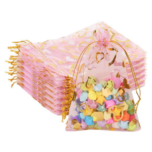 G2PLUS Heart Organza Bags, 4''x6'' Organza Gift Bags, 50PCS Drawstring Sheer Organza Gift Bags, Organza Mesh Jewelry Pouches, Candy Bags for Easter, Mother's Day, Wedding Party Favors (Pink Gold) Visit the G2PLUS Store