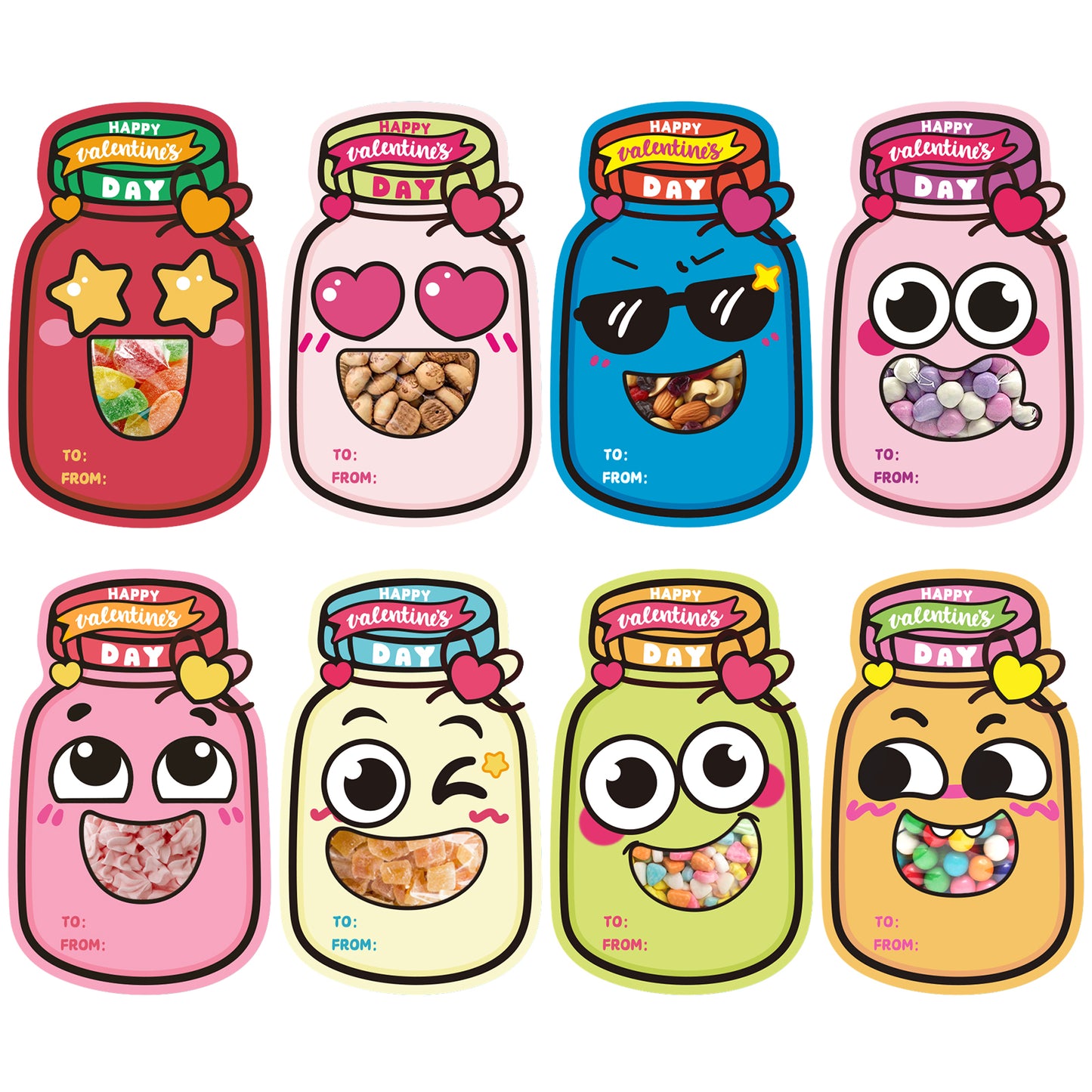 G2PLUS 48 Pack Valentines Day Cards for Kids, 8 Styles Happy Valentine’s Day Mason Jar Cards with Treat Bags for Classroom Valentines Exchange, School Gift Exchange & Party Favors