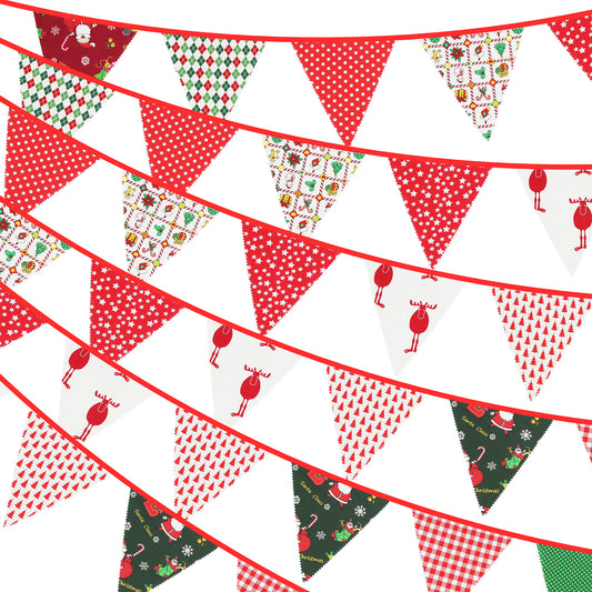 G2PLUS 12M Christmas Fabric Bunting Banner - 19x21CM Reusable Cotton Xmas Garlands with 42PCS Large Decoration Traingle Pennants for Christmas Parties Decoration
