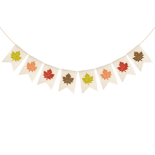 G2PLUS Glitter Maple Leaf Burlap Banner – 9.8Ft Fall Bunting Garland, Pre-Strung Rustic Hanging Banner Flag for Thanksgiving Decor, Harvest Festival and Fall Wedding