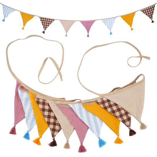 G2PLUS Pre-Strung Fabric Triangle Banner Garland, 8.5ft Double-Sided Cotton Bunting Flags, Reusable Pennant Banner for Birthday, Party, Baby Shower, Nursery Decor-Pastel Mix Color